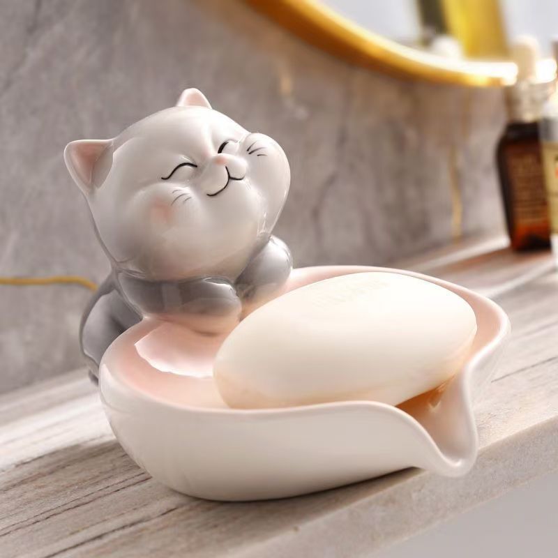 Cat ceramic soap box Household bathroom sanitary towel soap box Wash sink drain shelf Soap dish
