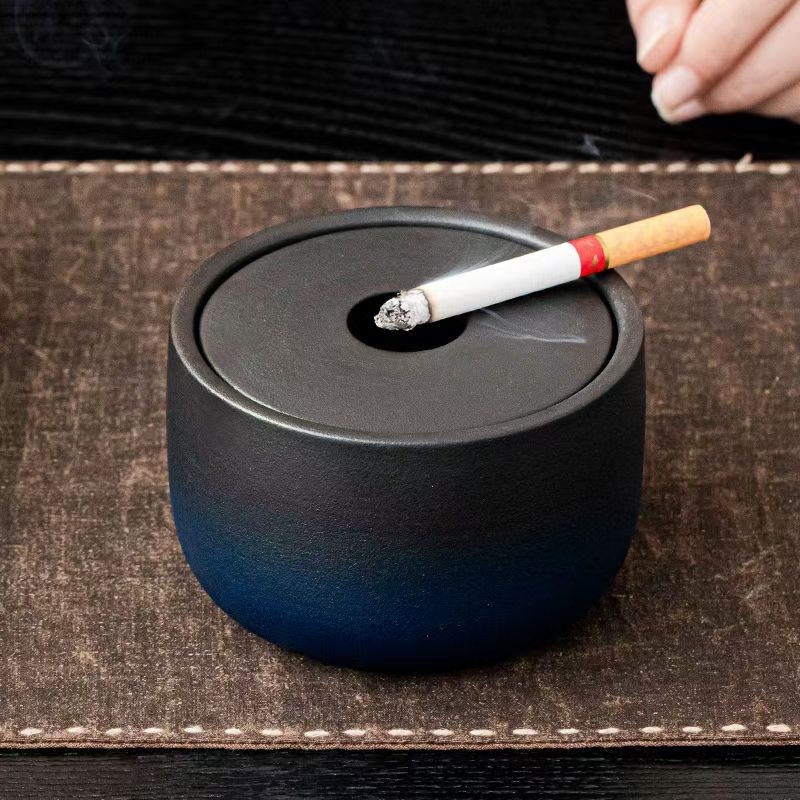 Coarse pottery ashtray with cover fly ash prevention home living room smoke cup office