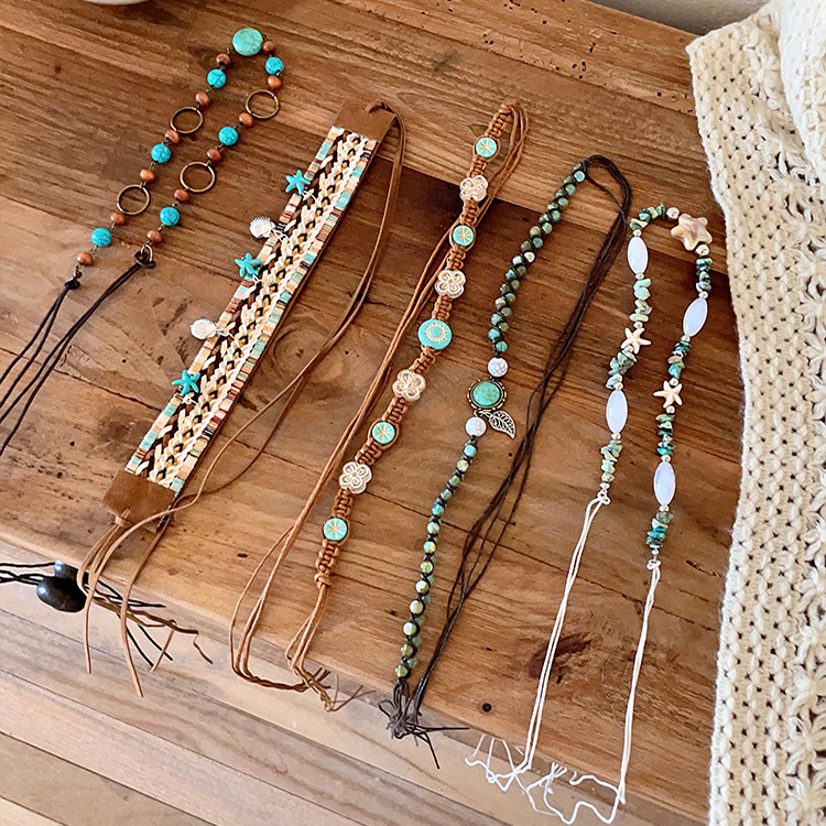 Natural stone coffee mesh braid hair band Hair accessories Bohemian ethnic style dress waist chain belt accessories