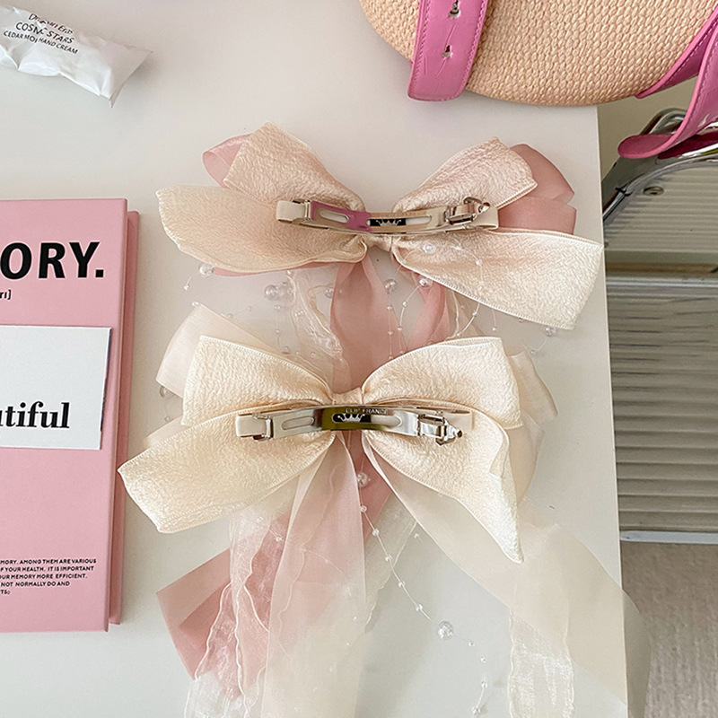 Super Fairy net summer bow hair clip Multi-layer streamer beads chain spring clip Premium touch back hair accessories