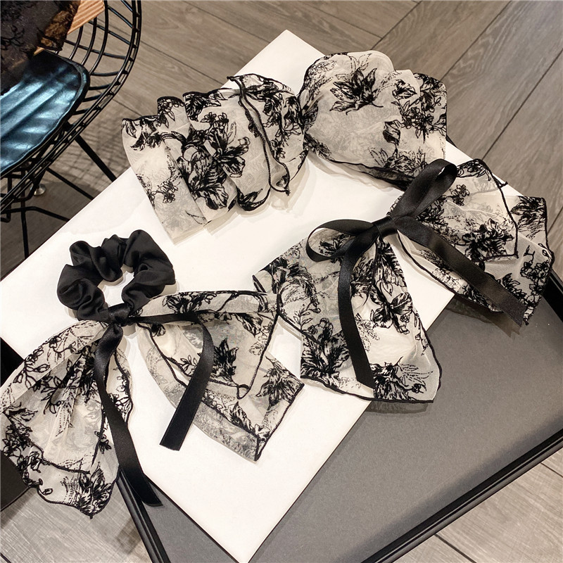 Japanese and Korean net red sweet flocking lace big bow hair clip back top clip hair card vintage Sen female spring clip