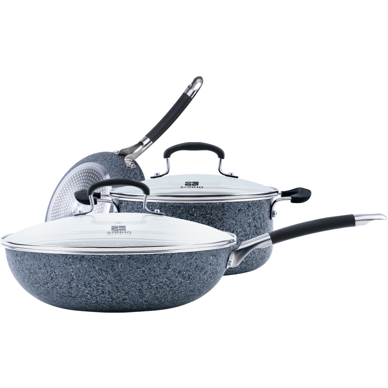 三禾麦饭石系列麦饭石不粘五件套 T608 炒锅30cm 煎锅26cm 汤锅22cm  