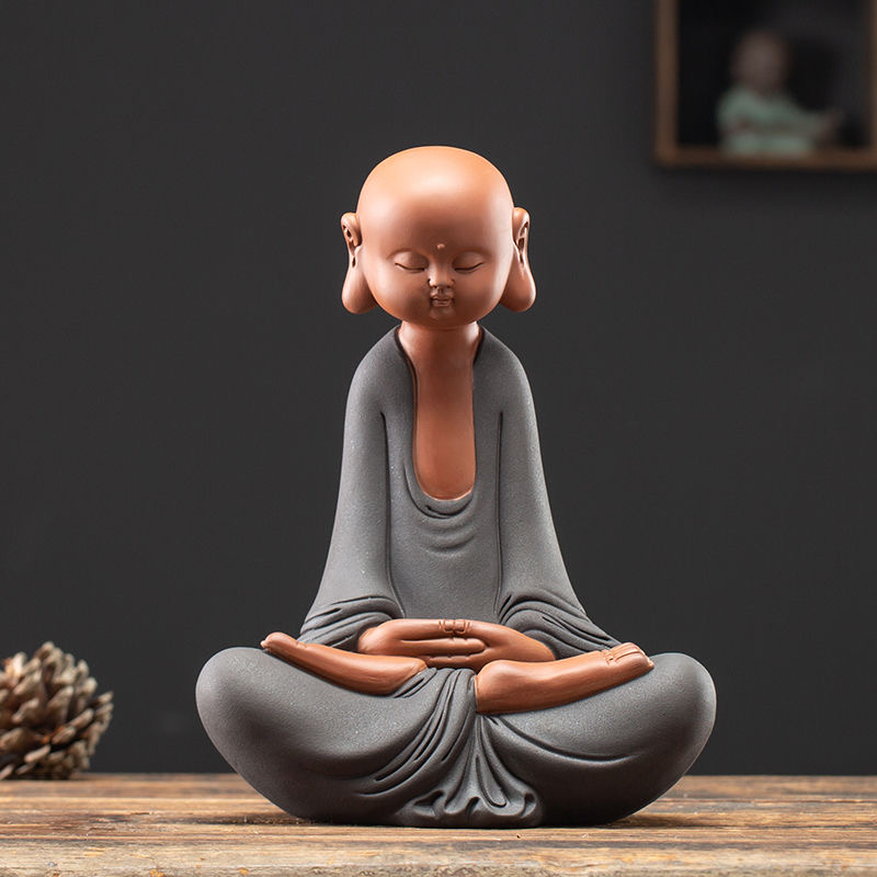 Chinese Zen Buddha purple sand ceramic small monk living room bookshelf home porch craft small novice decoration pieces