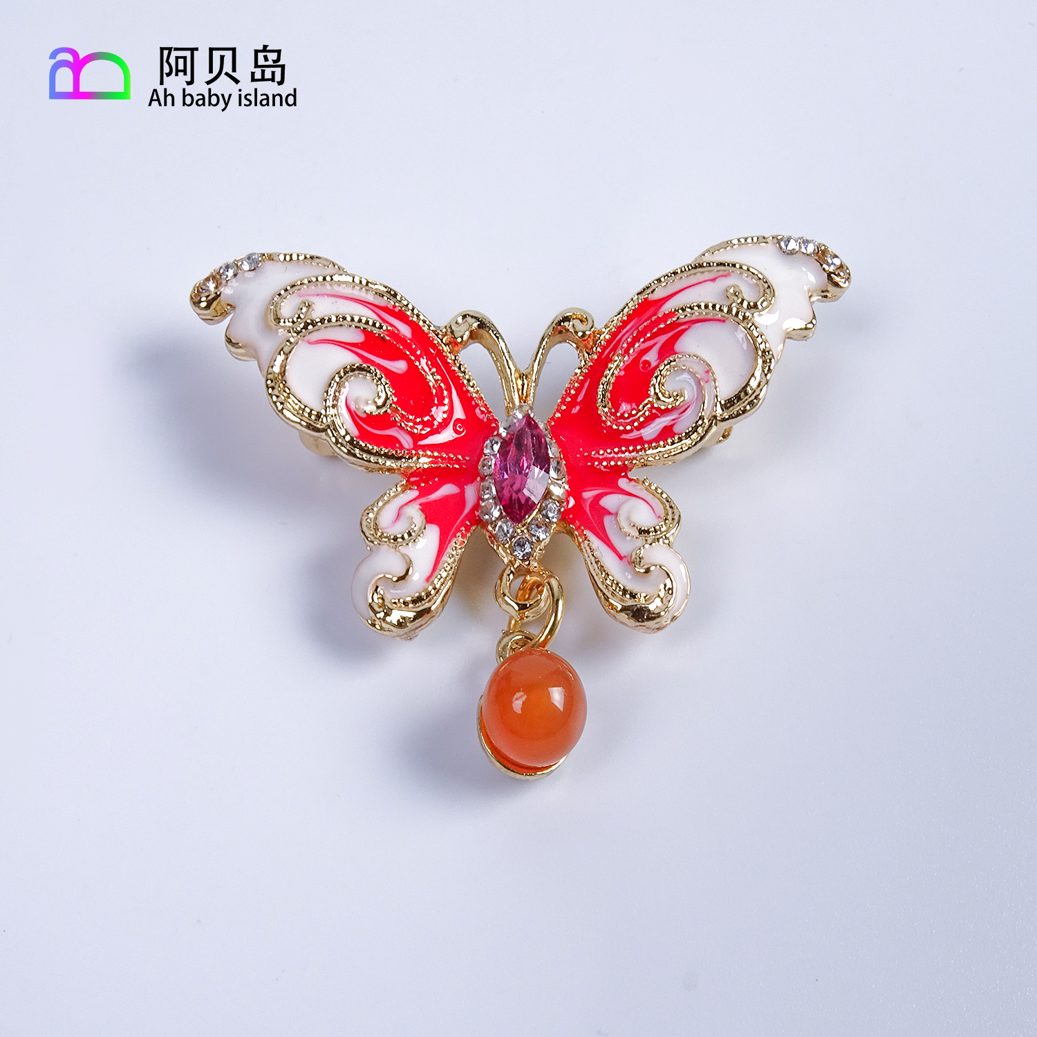 阿贝岛南红玛瑙珐琅彩蝴蝶胸针