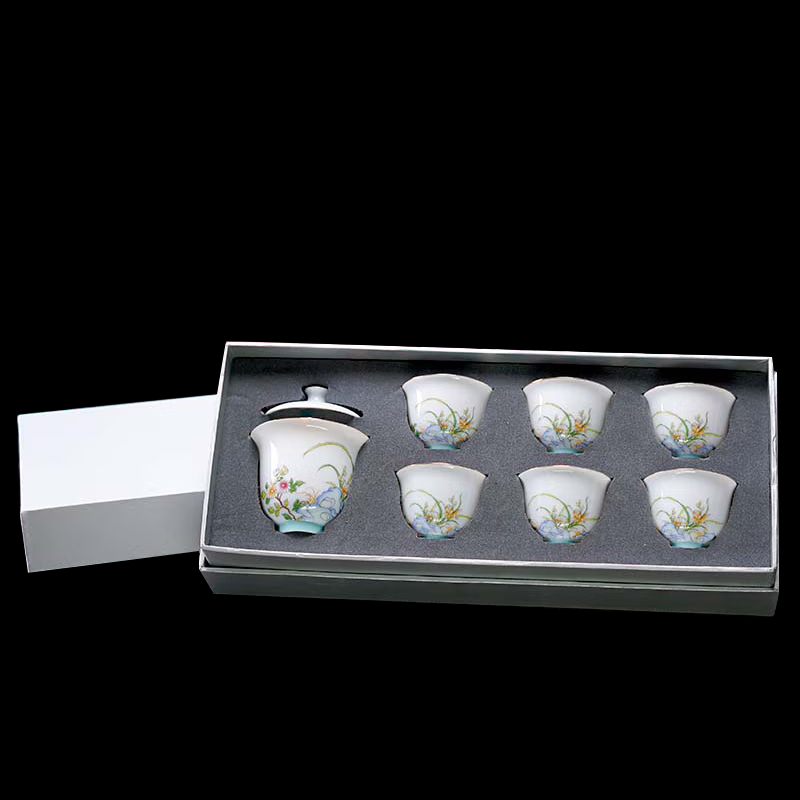 芈瓷君子兰茶具8件套 清新优雅羊脂玉MC-0806C