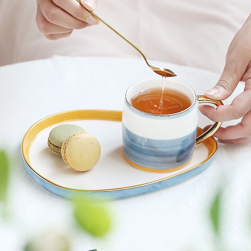 珊兰伊兰 海淀蓝慢时光咖啡杯轻奢描金套装YL-HDL104K
