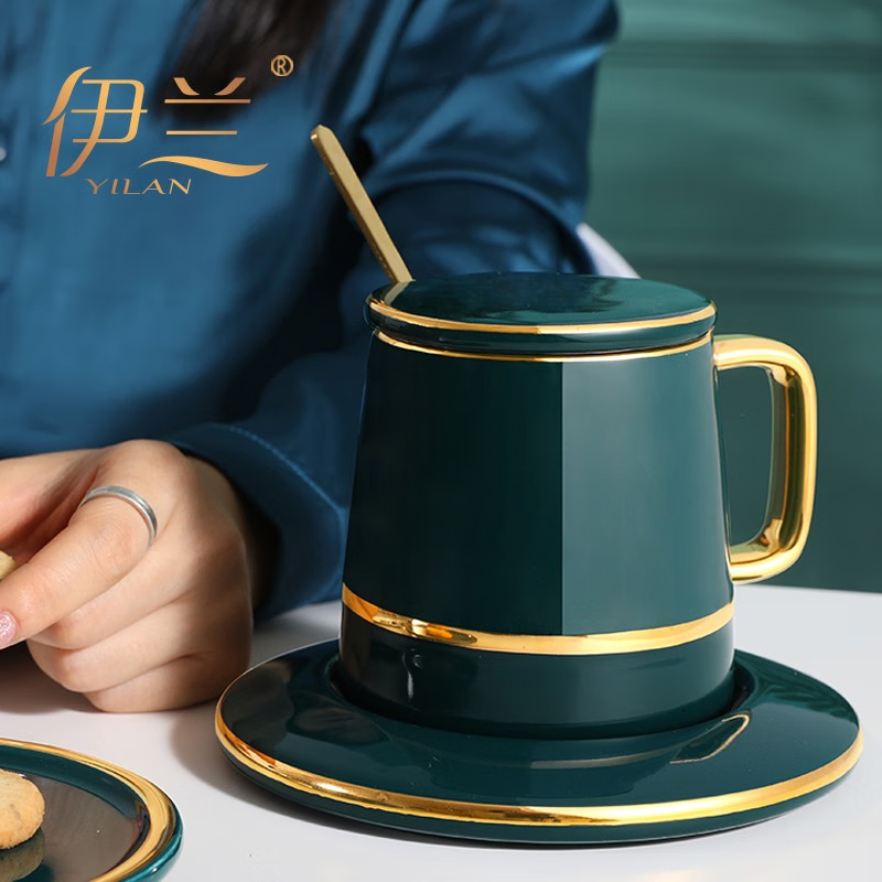 珊兰伊兰 孔雀蓝夏洛克咖啡杯 轻奢描金套装YL-KQL201K
