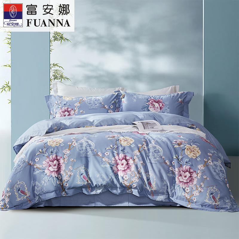 富安娜床品纯棉床单四件套/柳若浮烟/标准/蓝