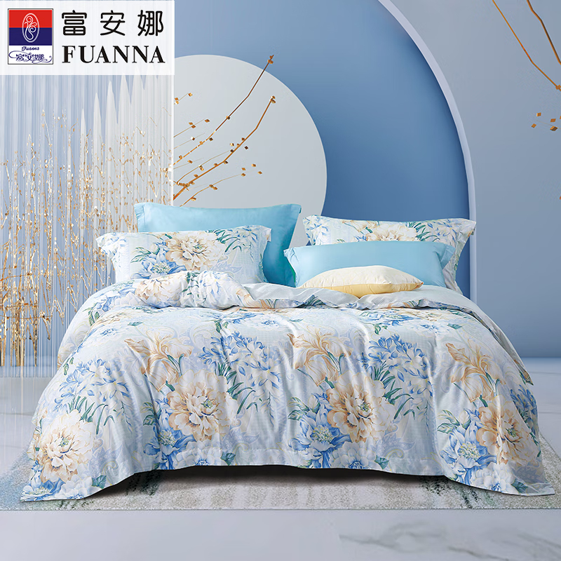 富安娜（FUANNA）床上用品纯棉床单四件套清袖幽兰1.5/1.8米适用被套203*229cm