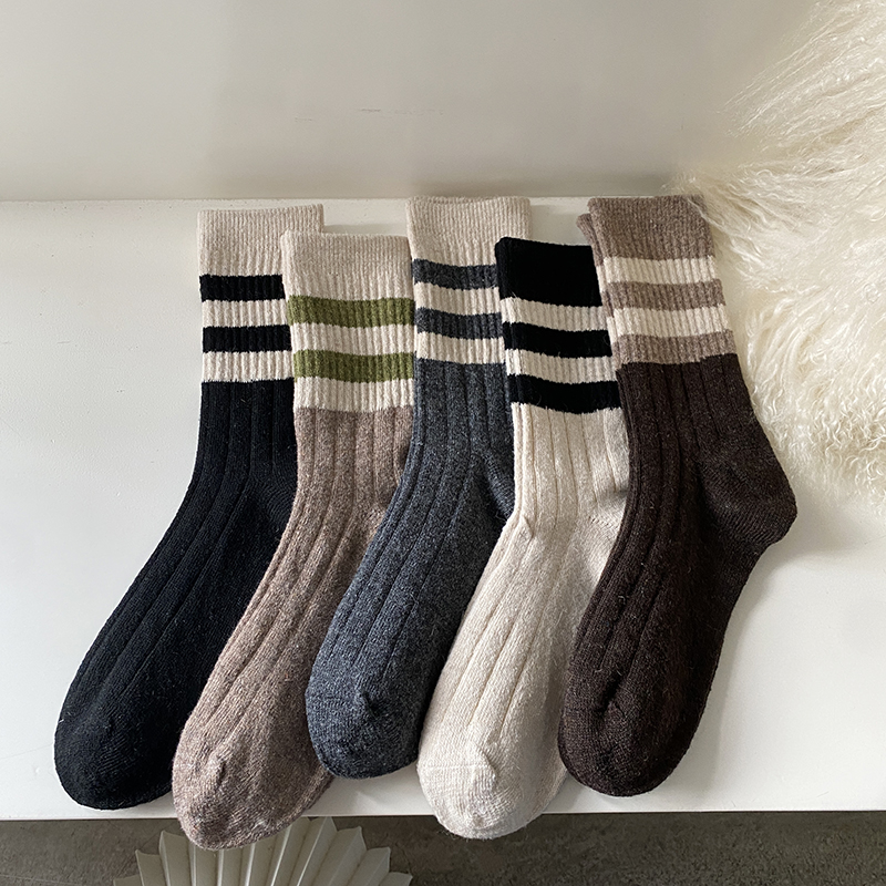 花辞日记三条杠拼色羊毛袜均码纯色5双装