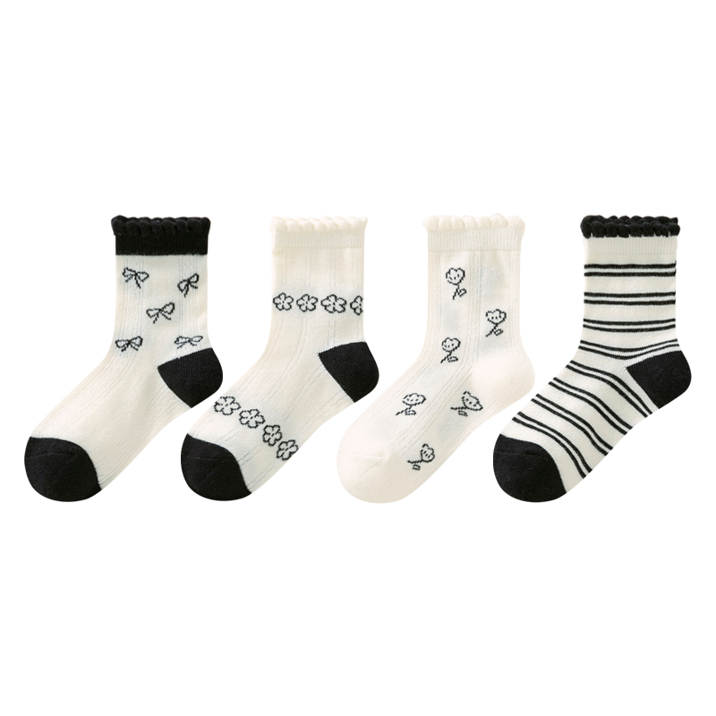 花辞日记儿童女袜秋冬款黑白小花 MW-0744双装