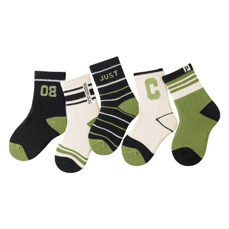 花辞日记儿童无骨袜2471黑绿色JUST中筒袜5色5双装