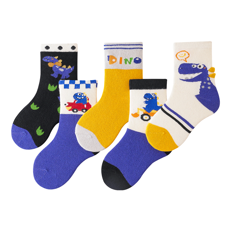 花辞日记儿童无骨袜子2473蓝色系恐龙中筒袜5色组合