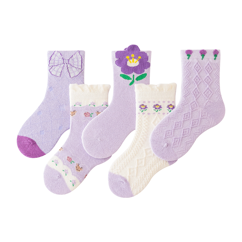 花辞日记儿童无骨袜子2474紫色系花朵中筒袜5色组合