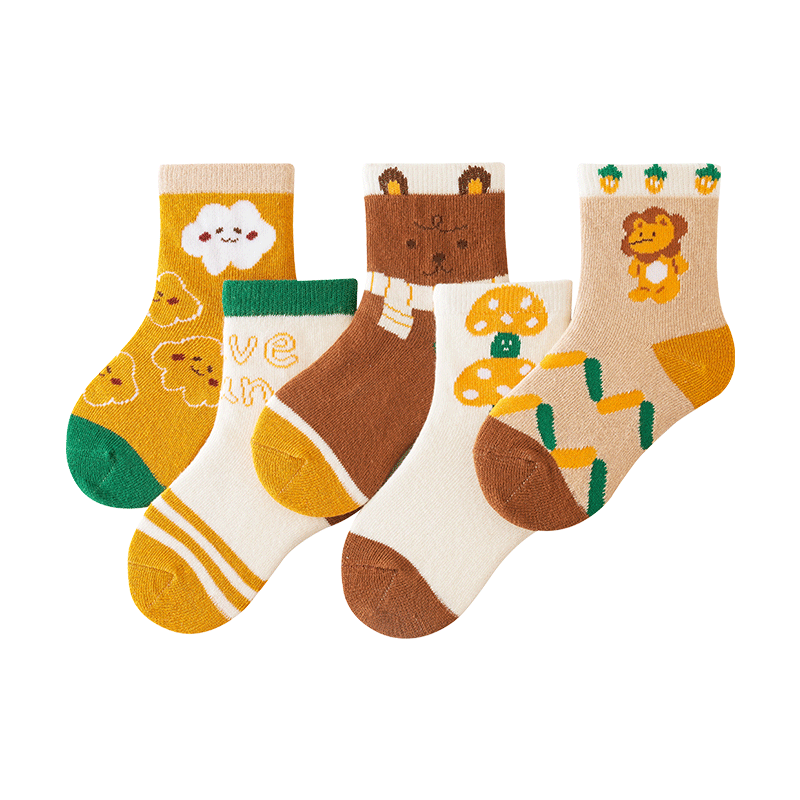 花辞日记儿童无骨袜子2475橙色系狮子中筒袜5色组合