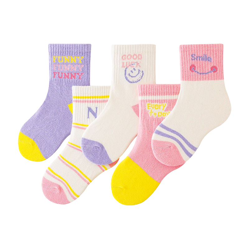 花辞日记儿童无骨袜子2476粉色系笑脸中筒袜5色组合