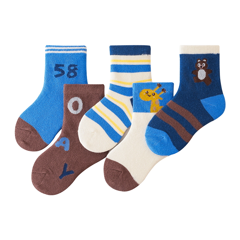 花辞日记儿童无骨袜子2477蓝咖色长颈鹿中筒袜5色组合