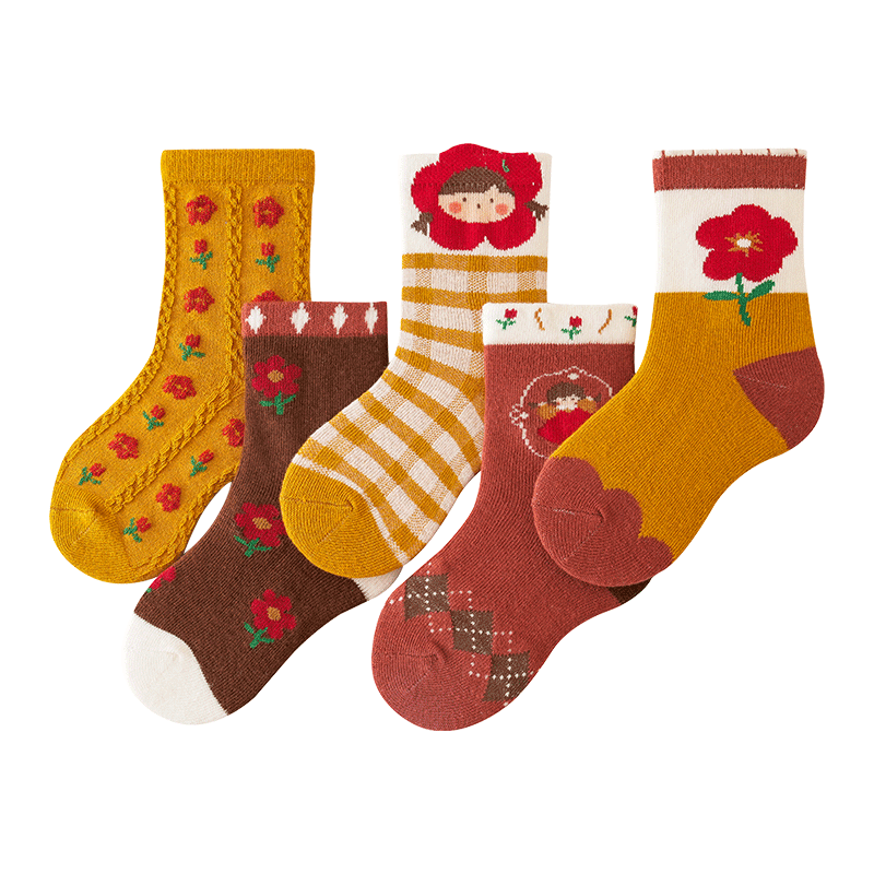 花辞日记儿童无骨袜子2478橙色系花朵女孩中筒袜5色组合