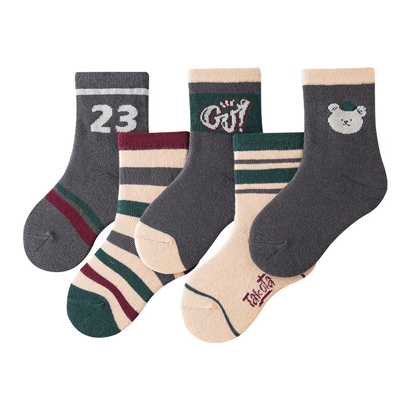 花辞日记儿童无骨袜子2479灰色系小熊中筒袜5色组合