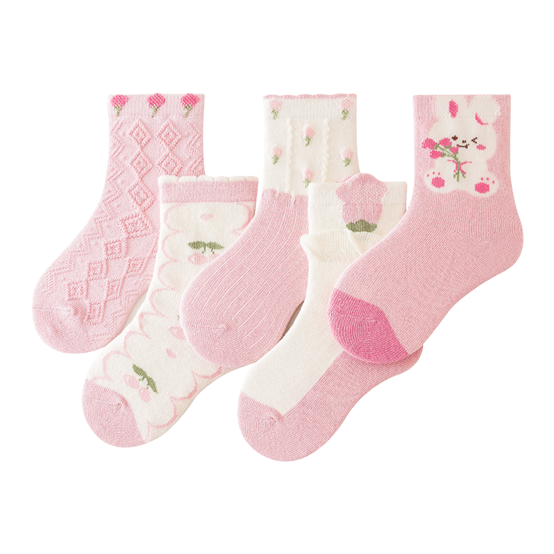 花辞日记儿童无骨袜子2481粉色系兔子中筒袜5色组合