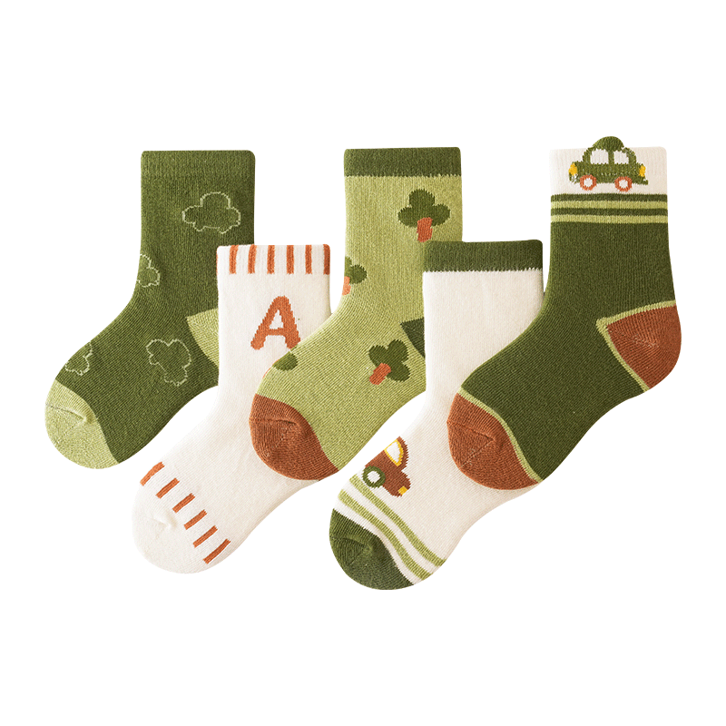 花辞日记儿童无骨袜子绿色小汽车中筒袜5色组合