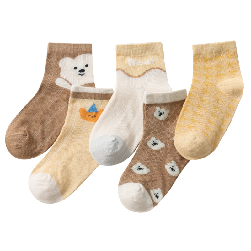 花辞日记纯棉儿童袜棕色小熊网眼中筒袜