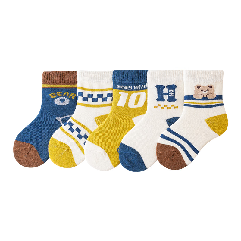 花辞日记纯棉儿童袜小熊黄色系中筒袜10双