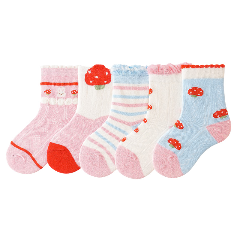 花辞日记纯棉儿童袜兔子蘑菇粉色系中筒袜10双装