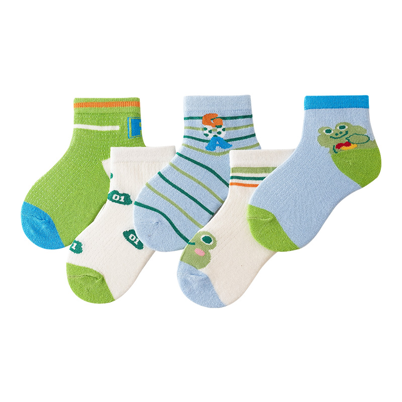 花辞日记纯棉儿童袜子2410绿青蛙网眼儿童袜10双装